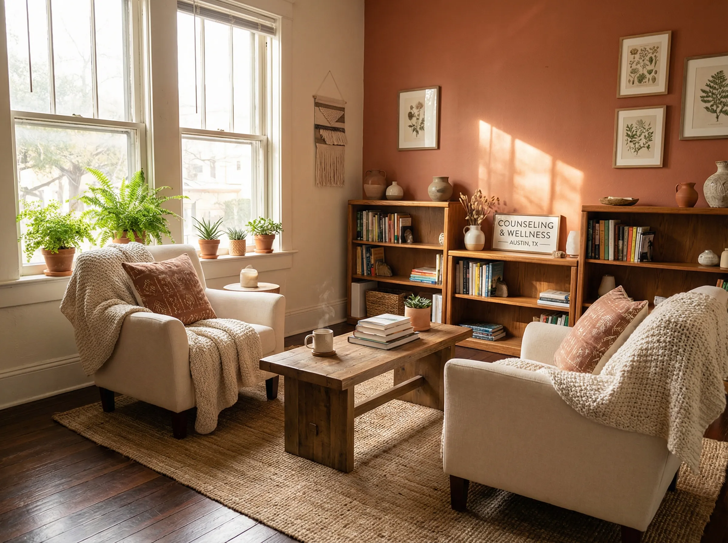 Warm, inviting therapy office with natural light and comfortable seating